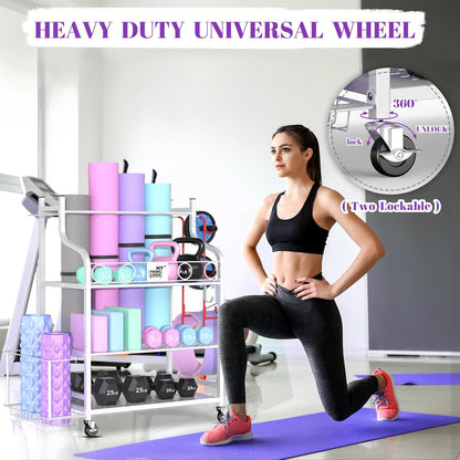 Yoga Mat Storage Racks,Home Gym Storage Rack for Dumbbells Kettlebells Foam Roller, Yoga Strap and Resistance Bands, Workout Equipment Storage Organizer With Hooks and Wheels