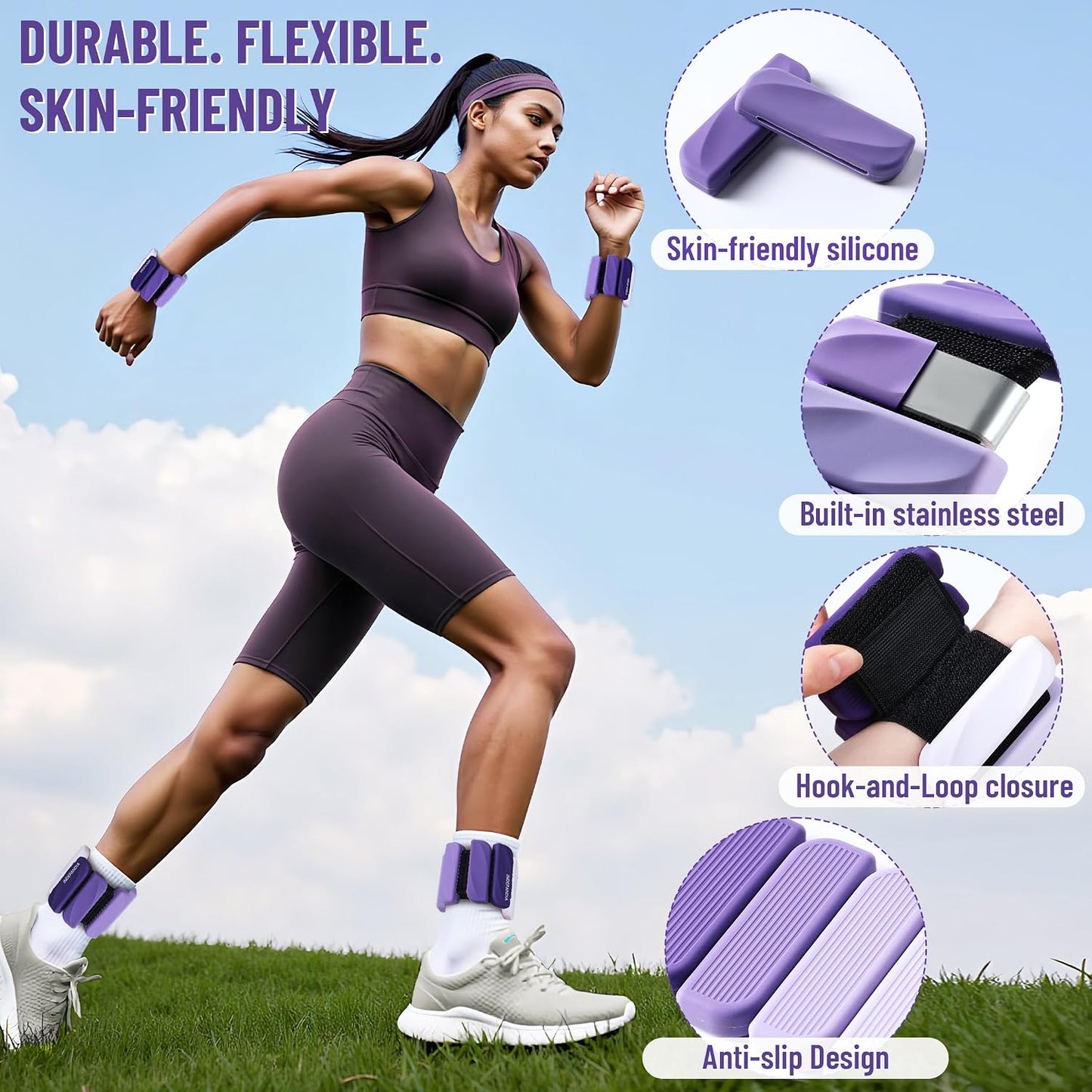 Wrist & Ankle Weights for Women and Men, 2lbs/4lbs Pairs Adjustable Silicone Weighted Bangles for Arm & Leg Workouts, Perfect for Pilates, Barre, Yoga, Walking & Home Fitness