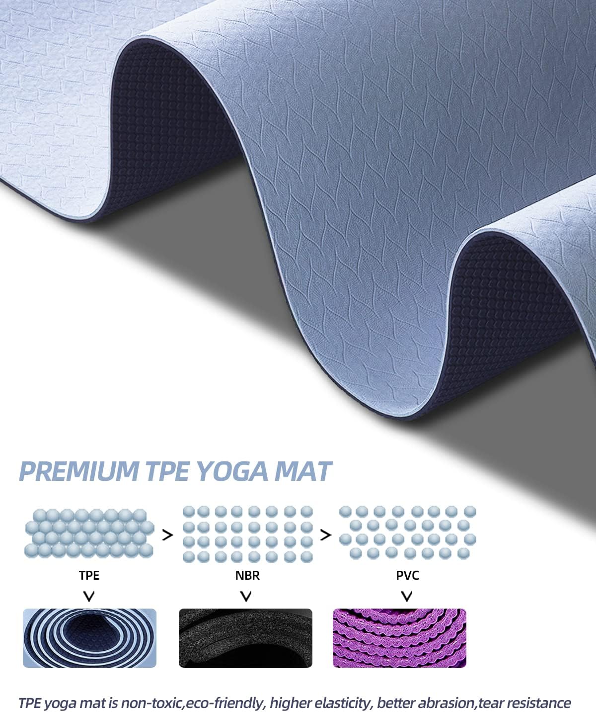 Yoga Mat Non Slip, Anti-Tear 1/4 Thick TPE Yoga Mats for Women and Men, 72"x24" Exercise & Fitness Mat with Carrying Strap, Workout Mats for Yoga, Pilates and Floor Exercise