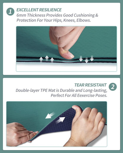 Yoga Mat Non Slip, Anti-Tear 1/4 Thick TPE Yoga Mats for Women and Men, 72"x24" Exercise & Fitness Mat with Carrying Strap, Workout Mats for Yoga, Pilates and Floor Exercise