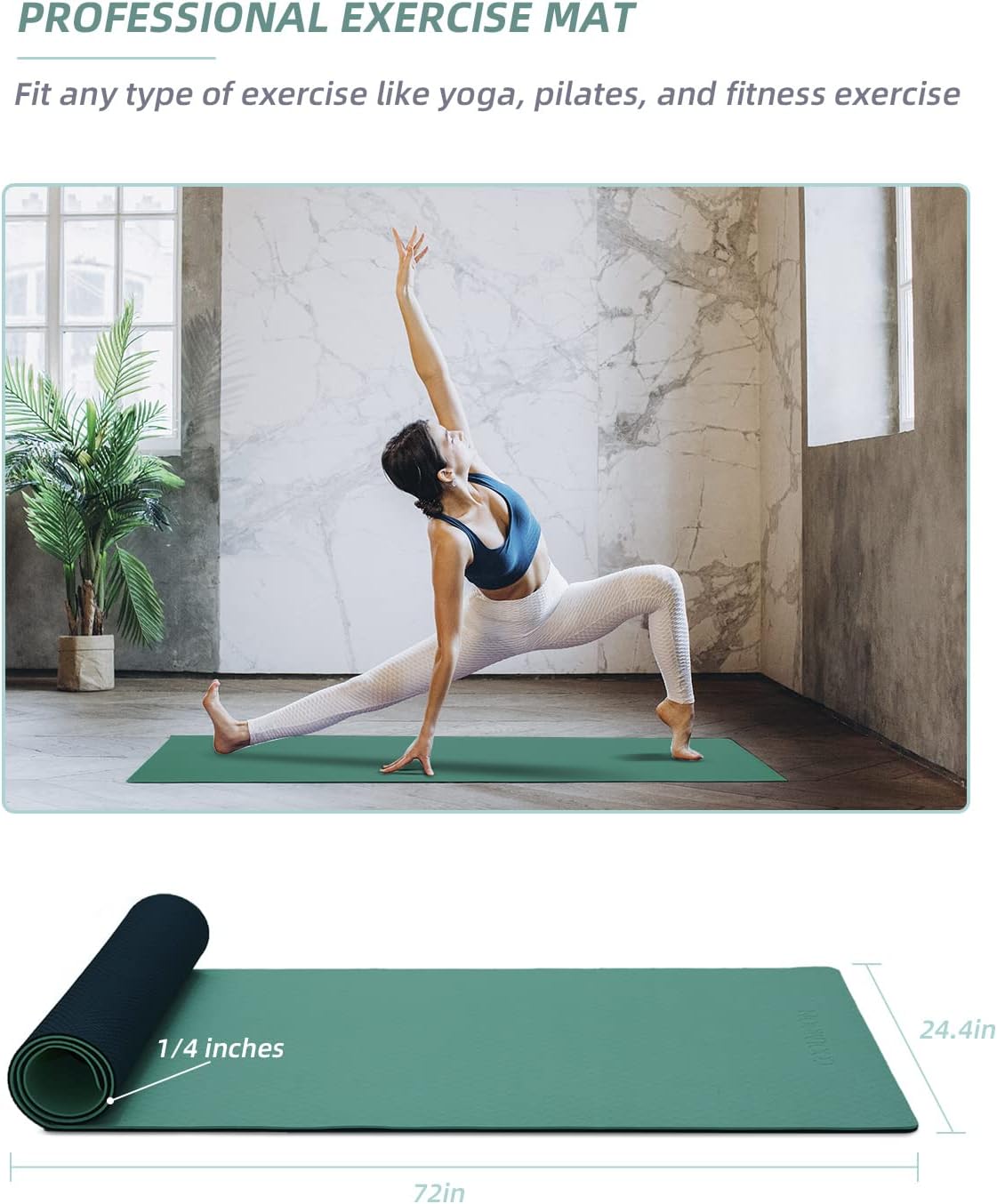 Yoga Mat Non Slip, Anti-Tear 1/4 Thick TPE Yoga Mats for Women and Men, 72"x24" Exercise & Fitness Mat with Carrying Strap, Workout Mats for Yoga, Pilates and Floor Exercise