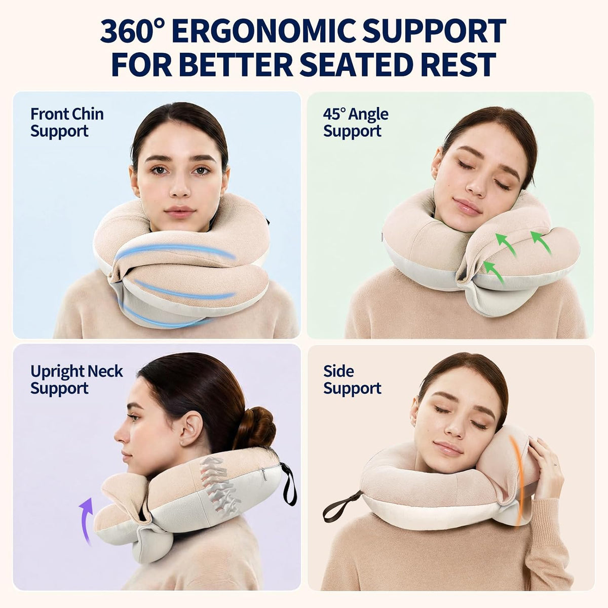 Travel Neck Pillows for Airplanes, Memory Foam 360° Head Support Sleep for Long Flight, Skin-Friendly & Breathable, Kit with Eye Mask, Earplugs and Storage Bag (Adult, Grey, 90+ lbs)