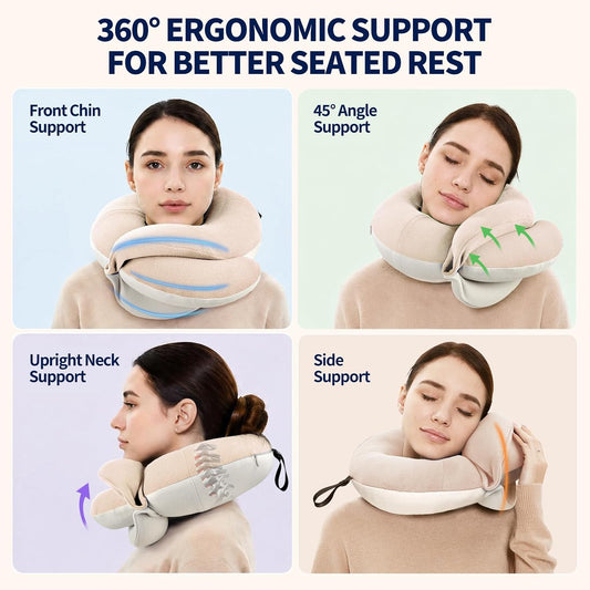 Travel Neck Pillows for Airplanes, Memory Foam 360° Head Support Sleep for Long Flight, Skin-Friendly & Breathable, Kit with Eye Mask, Earplugs and Storage Bag (Adult, Grey, 90+ lbs)