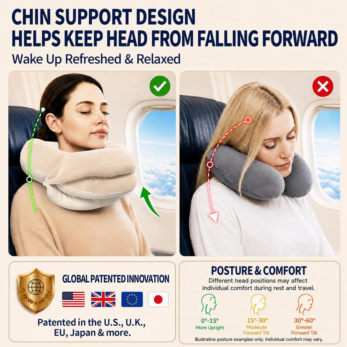 Travel Neck Pillows for Airplanes, Memory Foam 360° Head Support Sleep for Long Flight, Skin-Friendly & Breathable, Kit with Eye Mask, Earplugs and Storage Bag (Adult, Grey, 90+ lbs)