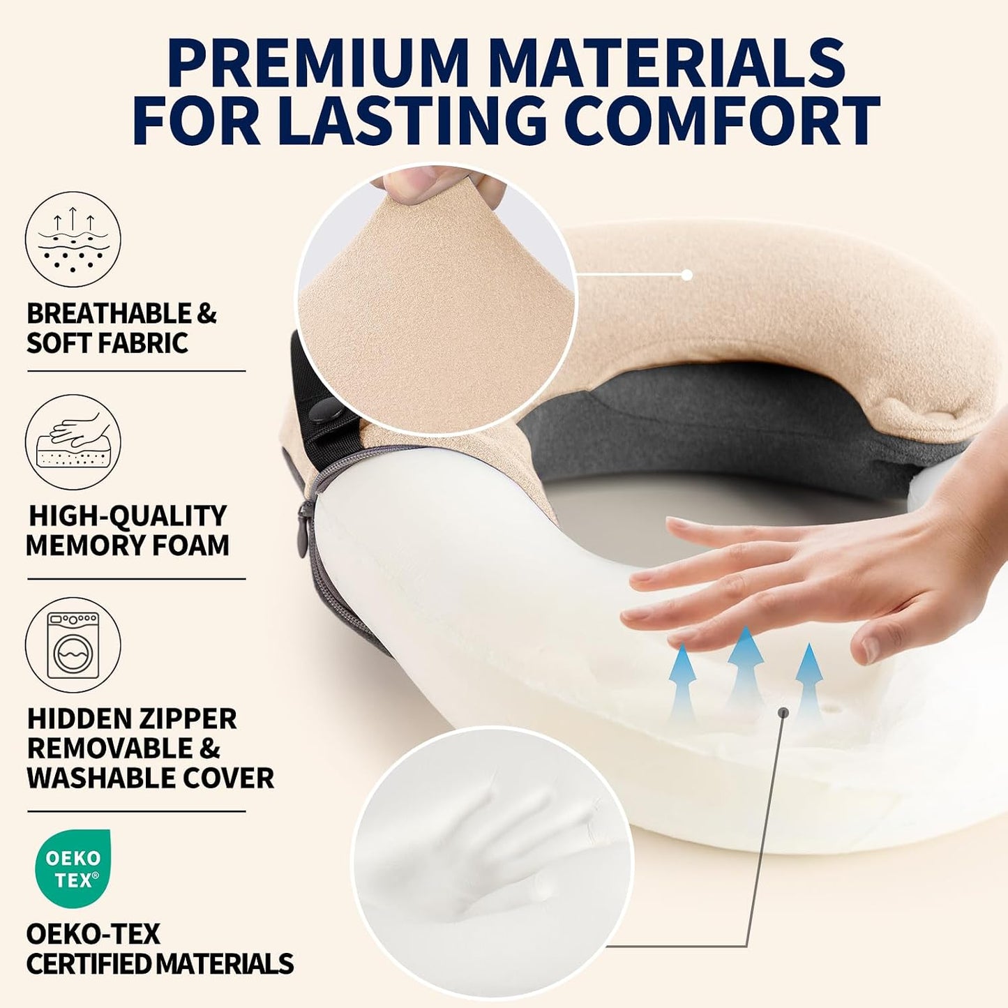 Travel Neck Pillows for Airplanes, Memory Foam 360° Head Support Sleep for Long Flight, Skin-Friendly & Breathable, Kit with Eye Mask, Earplugs and Storage Bag (Adult, Grey, 90+ lbs)