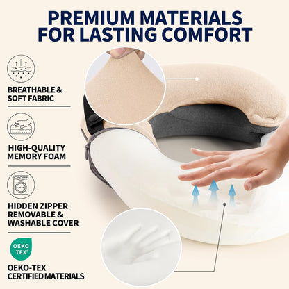 Travel Neck Pillows for Airplanes, Memory Foam 360° Head Support Sleep for Long Flight, Skin-Friendly & Breathable, Kit with Eye Mask, Earplugs and Storage Bag (Adult, Grey, 90+ lbs)
