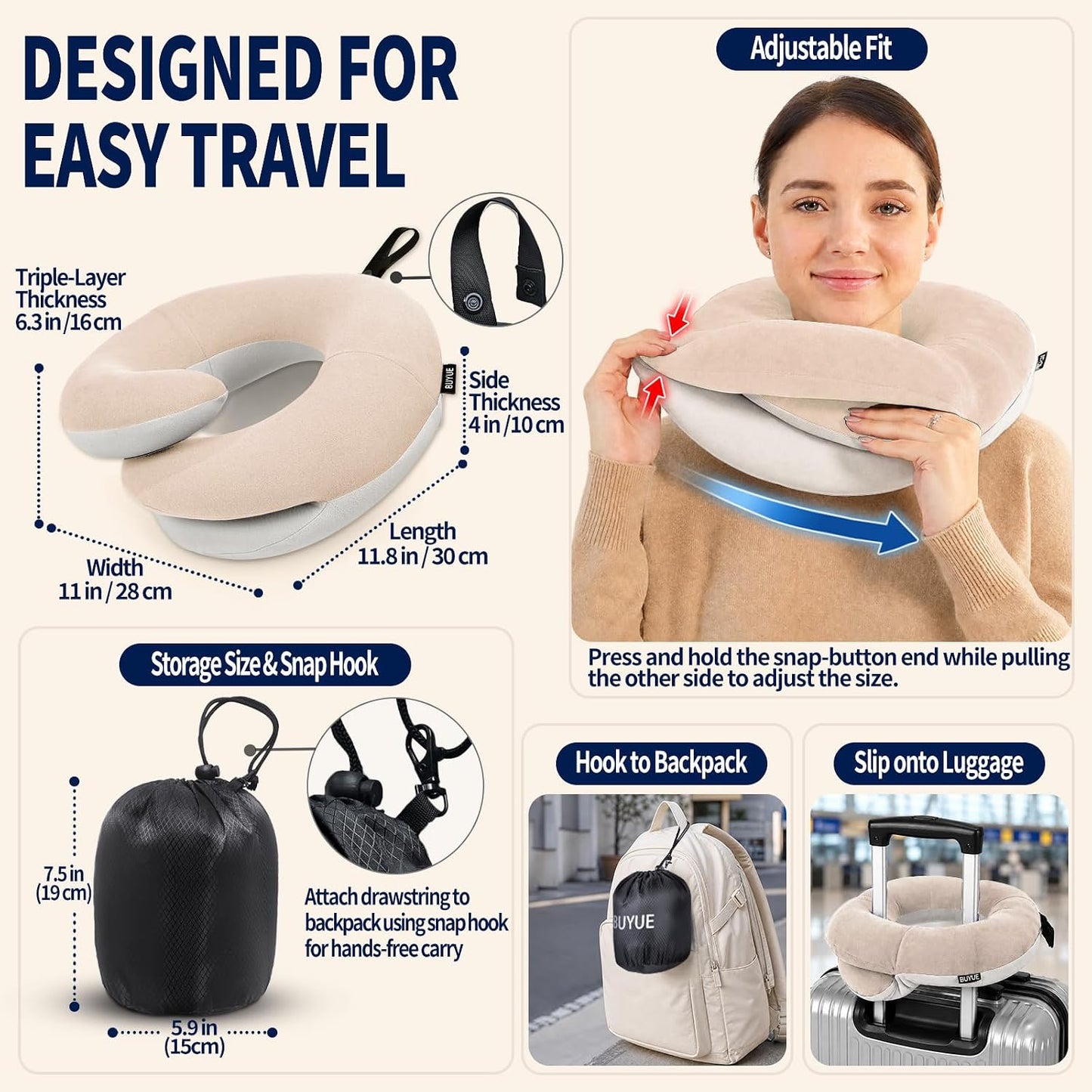 Travel Neck Pillows for Airplanes, Memory Foam 360° Head Support Sleep for Long Flight, Skin-Friendly & Breathable, Kit with Eye Mask, Earplugs and Storage Bag (Adult, Grey, 90+ lbs)