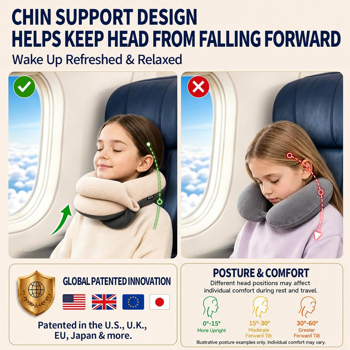 Travel Neck Pillows for Airplanes, Memory Foam 360° Head Support Sleep for Long Flight, Skin-Friendly & Breathable, Kit with Eye Mask, Earplugs and Storage Bag (Adult, Grey, 90+ lbs)