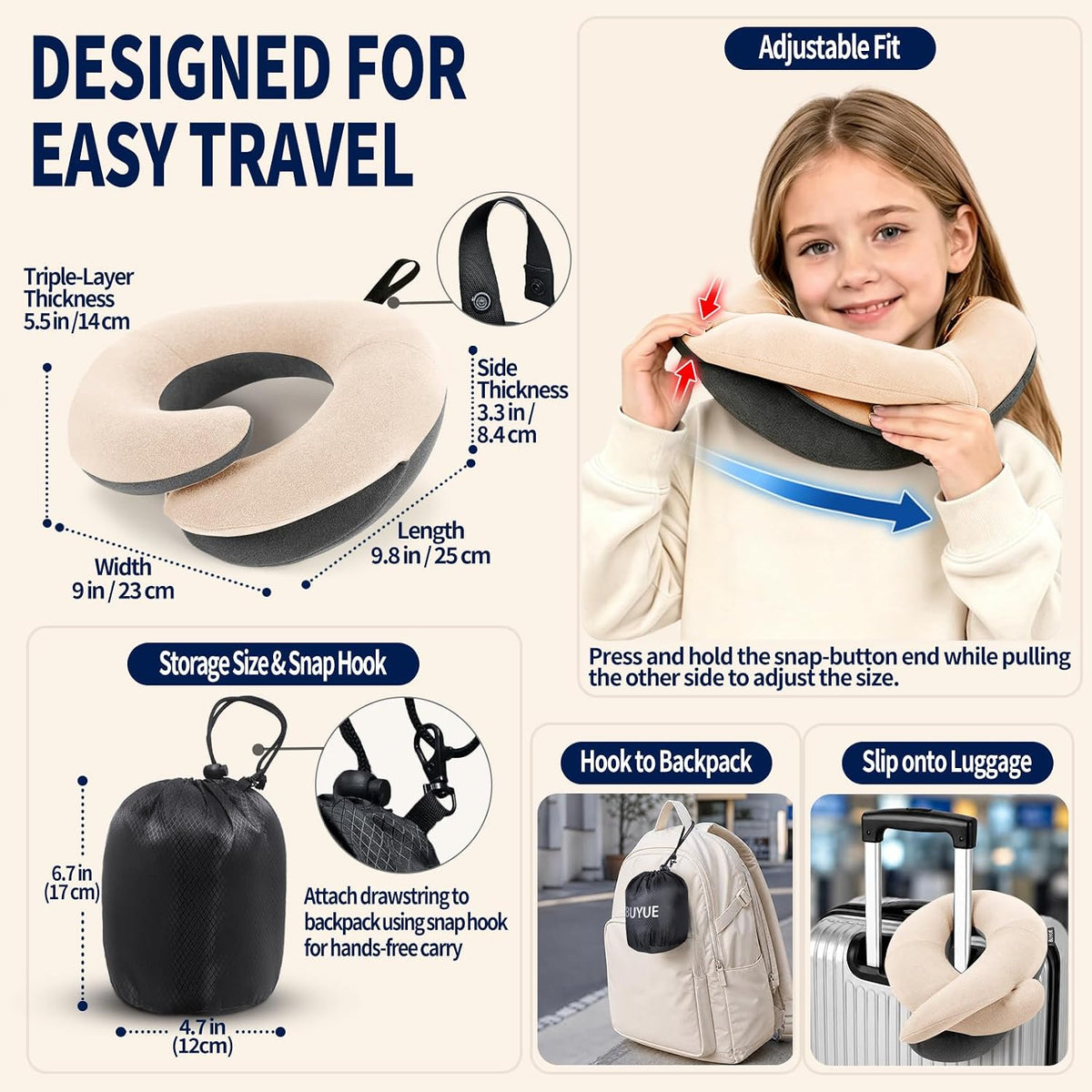 Travel Neck Pillows for Airplanes, Memory Foam 360° Head Support Sleep for Long Flight, Skin-Friendly & Breathable, Kit with Eye Mask, Earplugs and Storage Bag (Adult, Grey, 90+ lbs)
