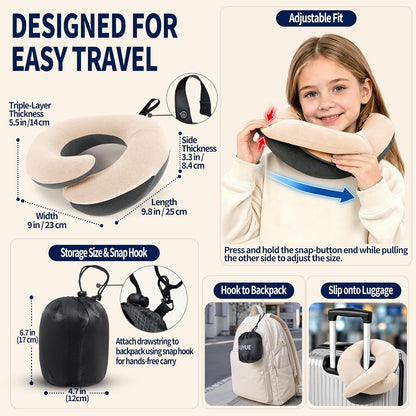 Travel Neck Pillows for Airplanes, Memory Foam 360° Head Support Sleep for Long Flight, Skin-Friendly & Breathable, Kit with Eye Mask, Earplugs and Storage Bag (Adult, Grey, 90+ lbs)