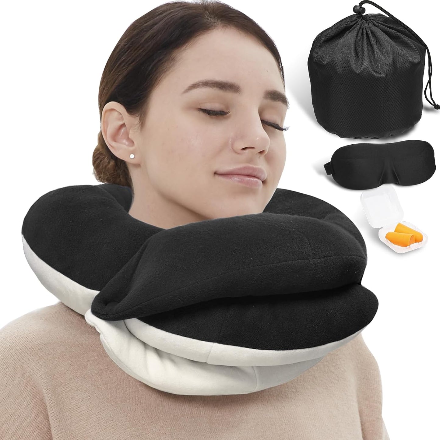 Travel Neck Pillows for Airplanes, Memory Foam 360° Head Support Sleep for Long Flight, Skin-Friendly & Breathable, Kit with Eye Mask, Earplugs and Storage Bag (Adult, Grey, 90+ lbs)