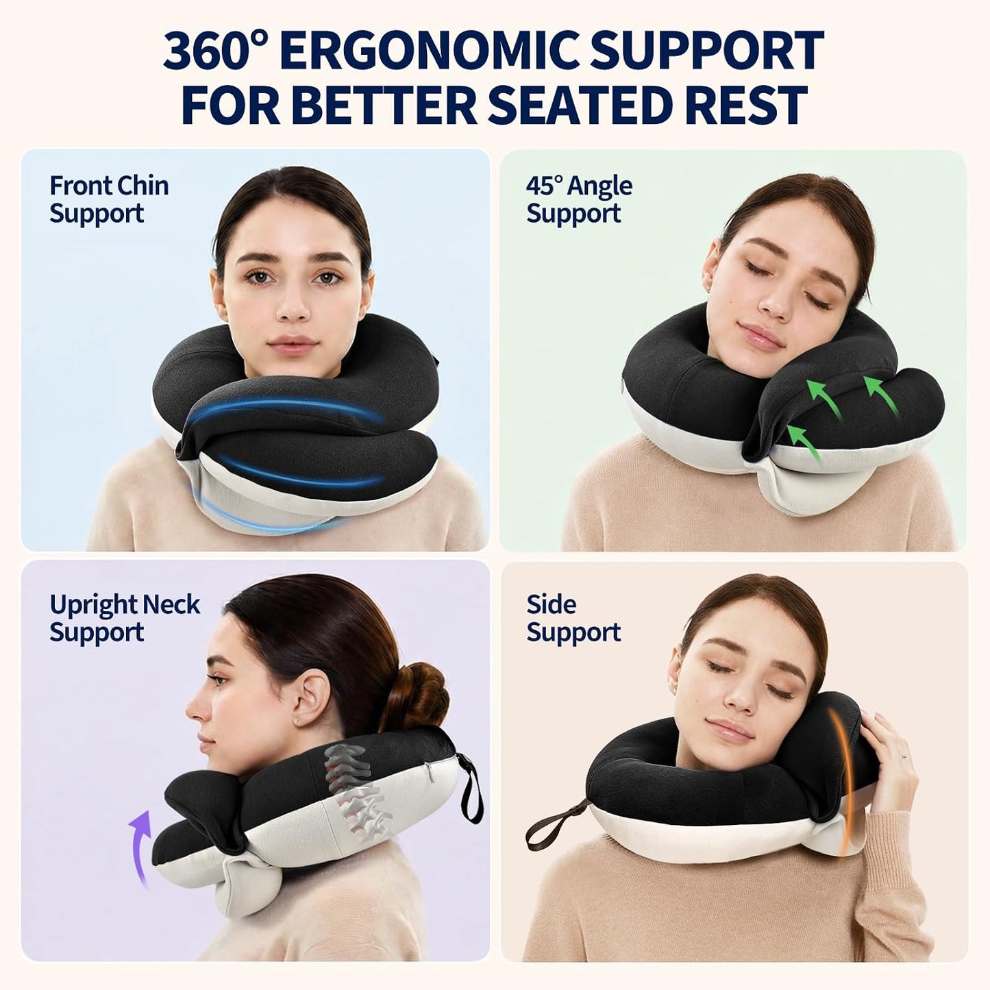 Travel Neck Pillows for Airplanes, Memory Foam 360° Head Support Sleep for Long Flight, Skin-Friendly & Breathable, Kit with Eye Mask, Earplugs and Storage Bag (Adult, Grey, 90+ lbs)