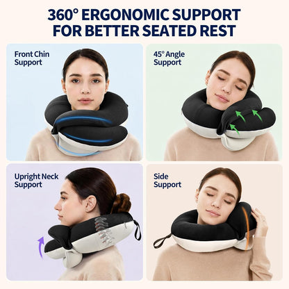 Travel Neck Pillows for Airplanes, Memory Foam 360° Head Support Sleep for Long Flight, Skin-Friendly & Breathable, Kit with Eye Mask, Earplugs and Storage Bag (Adult, Grey, 90+ lbs)