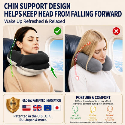 Travel Neck Pillows for Airplanes, Memory Foam 360° Head Support Sleep for Long Flight, Skin-Friendly & Breathable, Kit with Eye Mask, Earplugs and Storage Bag (Adult, Grey, 90+ lbs)