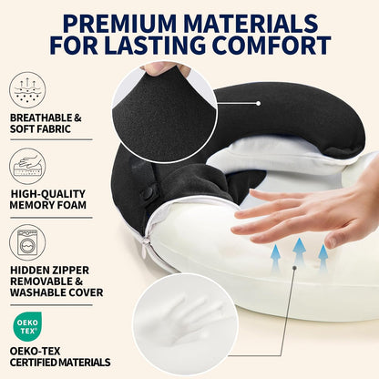 Travel Neck Pillows for Airplanes, Memory Foam 360° Head Support Sleep for Long Flight, Skin-Friendly & Breathable, Kit with Eye Mask, Earplugs and Storage Bag (Adult, Grey, 90+ lbs)