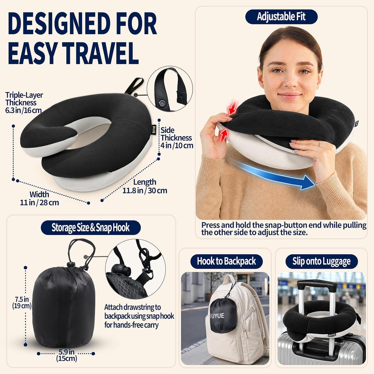 Travel Neck Pillows for Airplanes, Memory Foam 360° Head Support Sleep for Long Flight, Skin-Friendly & Breathable, Kit with Eye Mask, Earplugs and Storage Bag (Adult, Grey, 90+ lbs)