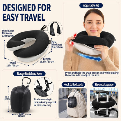 Travel Neck Pillows for Airplanes, Memory Foam 360° Head Support Sleep for Long Flight, Skin-Friendly & Breathable, Kit with Eye Mask, Earplugs and Storage Bag (Adult, Grey, 90+ lbs)