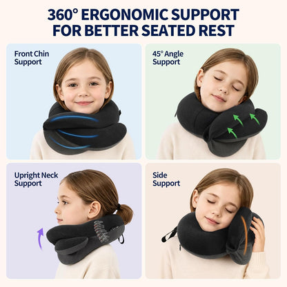 Travel Neck Pillows for Airplanes, Memory Foam 360° Head Support Sleep for Long Flight, Skin-Friendly & Breathable, Kit with Eye Mask, Earplugs and Storage Bag (Adult, Grey, 90+ lbs)
