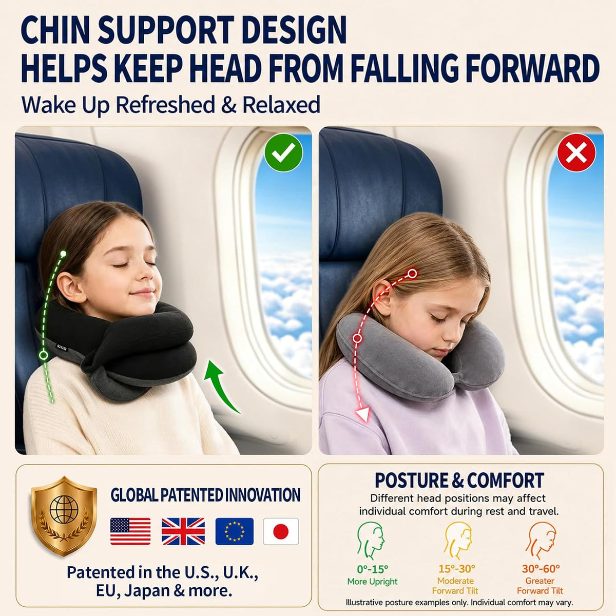 Travel Neck Pillows for Airplanes, Memory Foam 360° Head Support Sleep for Long Flight, Skin-Friendly & Breathable, Kit with Eye Mask, Earplugs and Storage Bag (Adult, Grey, 90+ lbs)