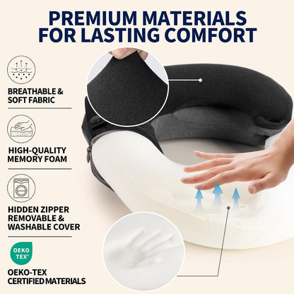 Travel Neck Pillows for Airplanes, Memory Foam 360° Head Support Sleep for Long Flight, Skin-Friendly & Breathable, Kit with Eye Mask, Earplugs and Storage Bag (Adult, Grey, 90+ lbs)