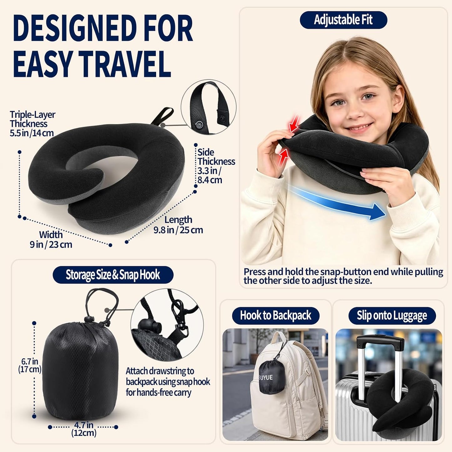 Travel Neck Pillows for Airplanes, Memory Foam 360° Head Support Sleep for Long Flight, Skin-Friendly & Breathable, Kit with Eye Mask, Earplugs and Storage Bag (Adult, Grey, 90+ lbs)