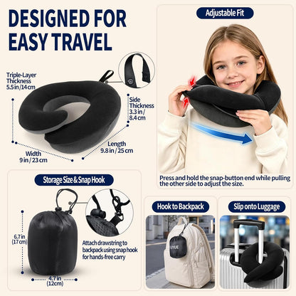 Travel Neck Pillows for Airplanes, Memory Foam 360° Head Support Sleep for Long Flight, Skin-Friendly & Breathable, Kit with Eye Mask, Earplugs and Storage Bag (Adult, Grey, 90+ lbs)