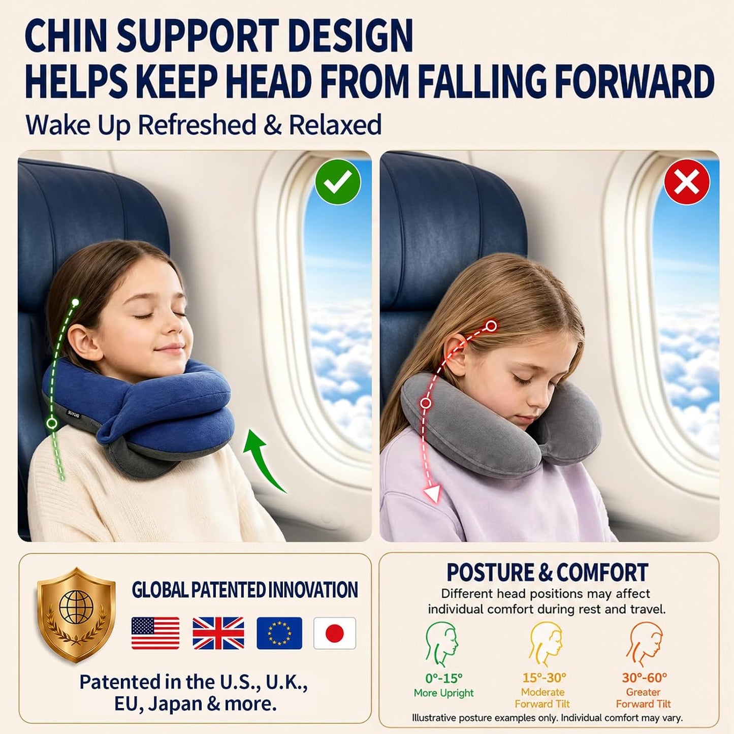Travel Neck Pillows for Airplanes, Memory Foam 360° Head Support Sleep for Long Flight, Skin-Friendly & Breathable, Kit with Eye Mask, Earplugs and Storage Bag (Adult, Grey, 90+ lbs)