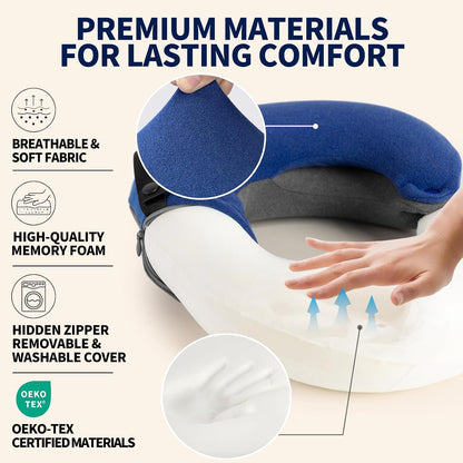 Travel Neck Pillows for Airplanes, Memory Foam 360° Head Support Sleep for Long Flight, Skin-Friendly & Breathable, Kit with Eye Mask, Earplugs and Storage Bag (Adult, Grey, 90+ lbs)