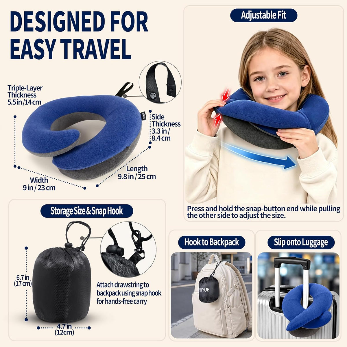 Travel Neck Pillows for Airplanes, Memory Foam 360° Head Support Sleep for Long Flight, Skin-Friendly & Breathable, Kit with Eye Mask, Earplugs and Storage Bag (Adult, Grey, 90+ lbs)