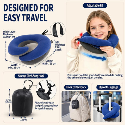 Travel Neck Pillows for Airplanes, Memory Foam 360° Head Support Sleep for Long Flight, Skin-Friendly & Breathable, Kit with Eye Mask, Earplugs and Storage Bag (Adult, Grey, 90+ lbs)