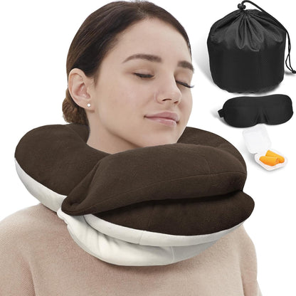 Travel Neck Pillows for Airplanes, Memory Foam 360° Head Support Sleep for Long Flight, Skin-Friendly & Breathable, Kit with Eye Mask, Earplugs and Storage Bag (Adult, Grey, 90+ lbs)