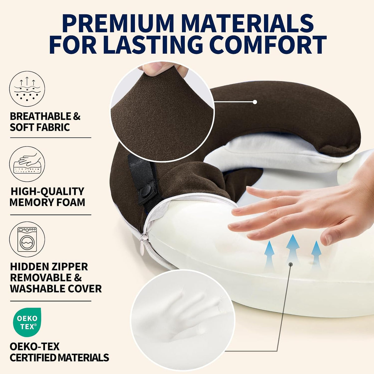 Travel Neck Pillows for Airplanes, Memory Foam 360° Head Support Sleep for Long Flight, Skin-Friendly & Breathable, Kit with Eye Mask, Earplugs and Storage Bag (Adult, Grey, 90+ lbs)