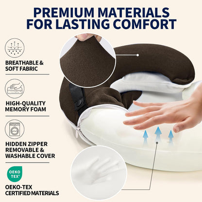 Travel Neck Pillows for Airplanes, Memory Foam 360° Head Support Sleep for Long Flight, Skin-Friendly & Breathable, Kit with Eye Mask, Earplugs and Storage Bag (Adult, Grey, 90+ lbs)