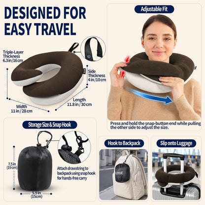 Travel Neck Pillows for Airplanes, Memory Foam 360° Head Support Sleep for Long Flight, Skin-Friendly & Breathable, Kit with Eye Mask, Earplugs and Storage Bag (Adult, Grey, 90+ lbs)