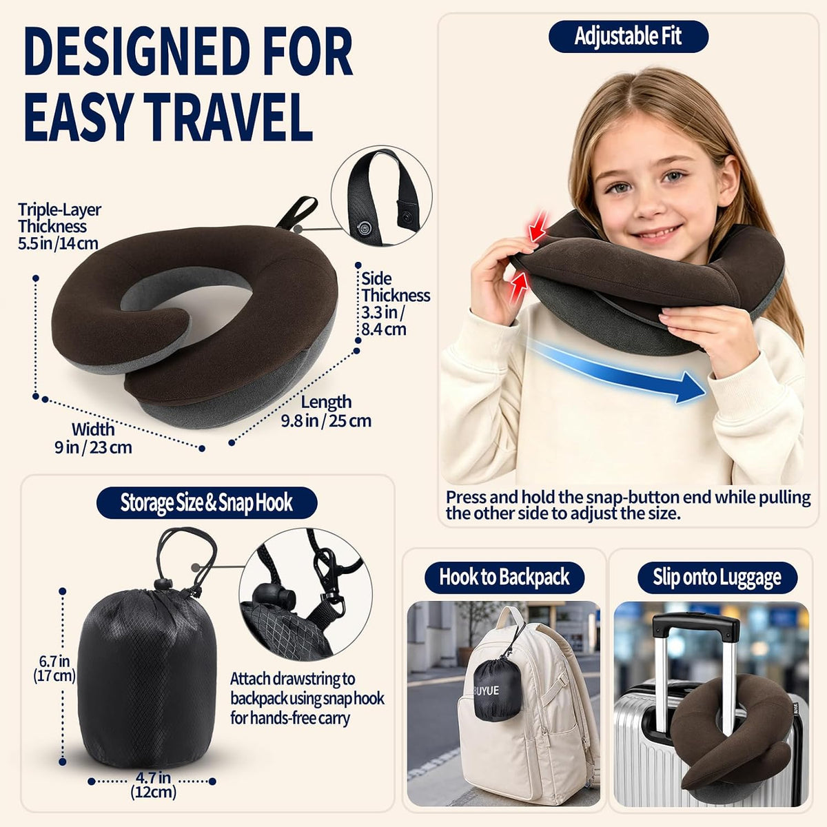Travel Neck Pillows for Airplanes, Memory Foam 360° Head Support Sleep for Long Flight, Skin-Friendly & Breathable, Kit with Eye Mask, Earplugs and Storage Bag (Adult, Grey, 90+ lbs)