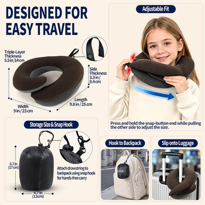 Travel Neck Pillows for Airplanes, Memory Foam 360° Head Support Sleep for Long Flight, Skin-Friendly & Breathable, Kit with Eye Mask, Earplugs and Storage Bag (Adult, Grey, 90+ lbs)