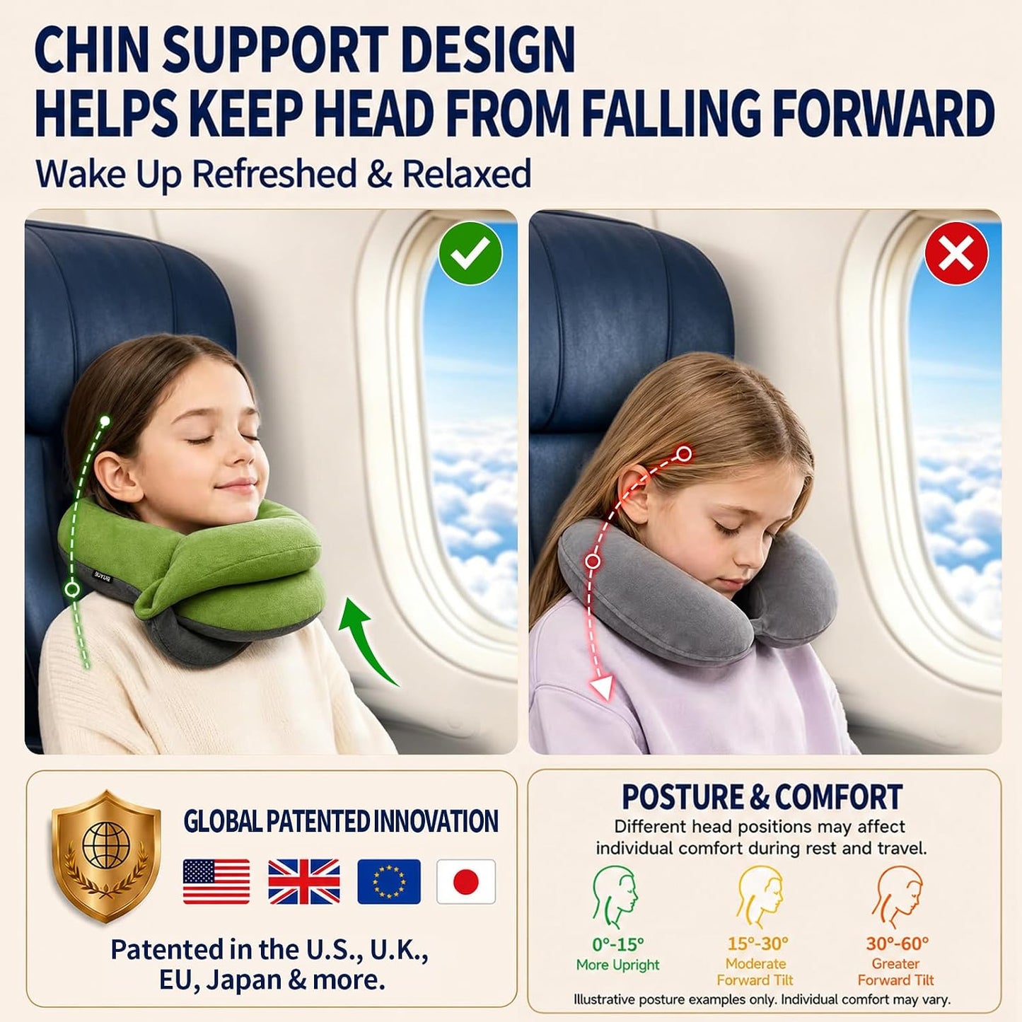 Travel Neck Pillows for Airplanes, Memory Foam 360° Head Support Sleep for Long Flight, Skin-Friendly & Breathable, Kit with Eye Mask, Earplugs and Storage Bag (Adult, Grey, 90+ lbs)