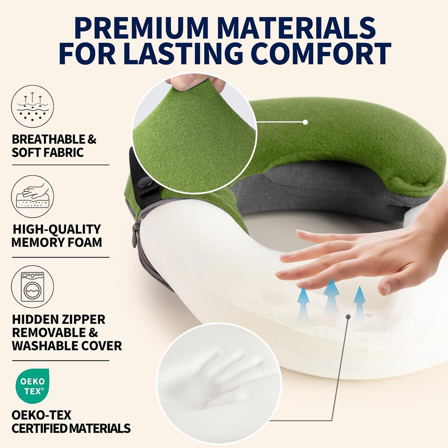 Travel Neck Pillows for Airplanes, Memory Foam 360° Head Support Sleep for Long Flight, Skin-Friendly & Breathable, Kit with Eye Mask, Earplugs and Storage Bag (Adult, Grey, 90+ lbs)