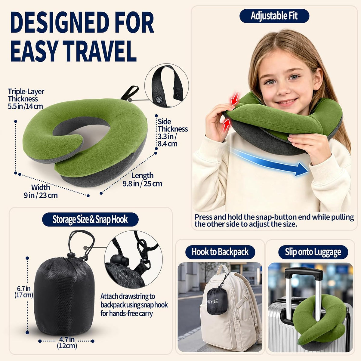 Travel Neck Pillows for Airplanes, Memory Foam 360° Head Support Sleep for Long Flight, Skin-Friendly & Breathable, Kit with Eye Mask, Earplugs and Storage Bag (Adult, Grey, 90+ lbs)