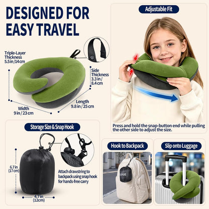 Travel Neck Pillows for Airplanes, Memory Foam 360° Head Support Sleep for Long Flight, Skin-Friendly & Breathable, Kit with Eye Mask, Earplugs and Storage Bag (Adult, Grey, 90+ lbs)