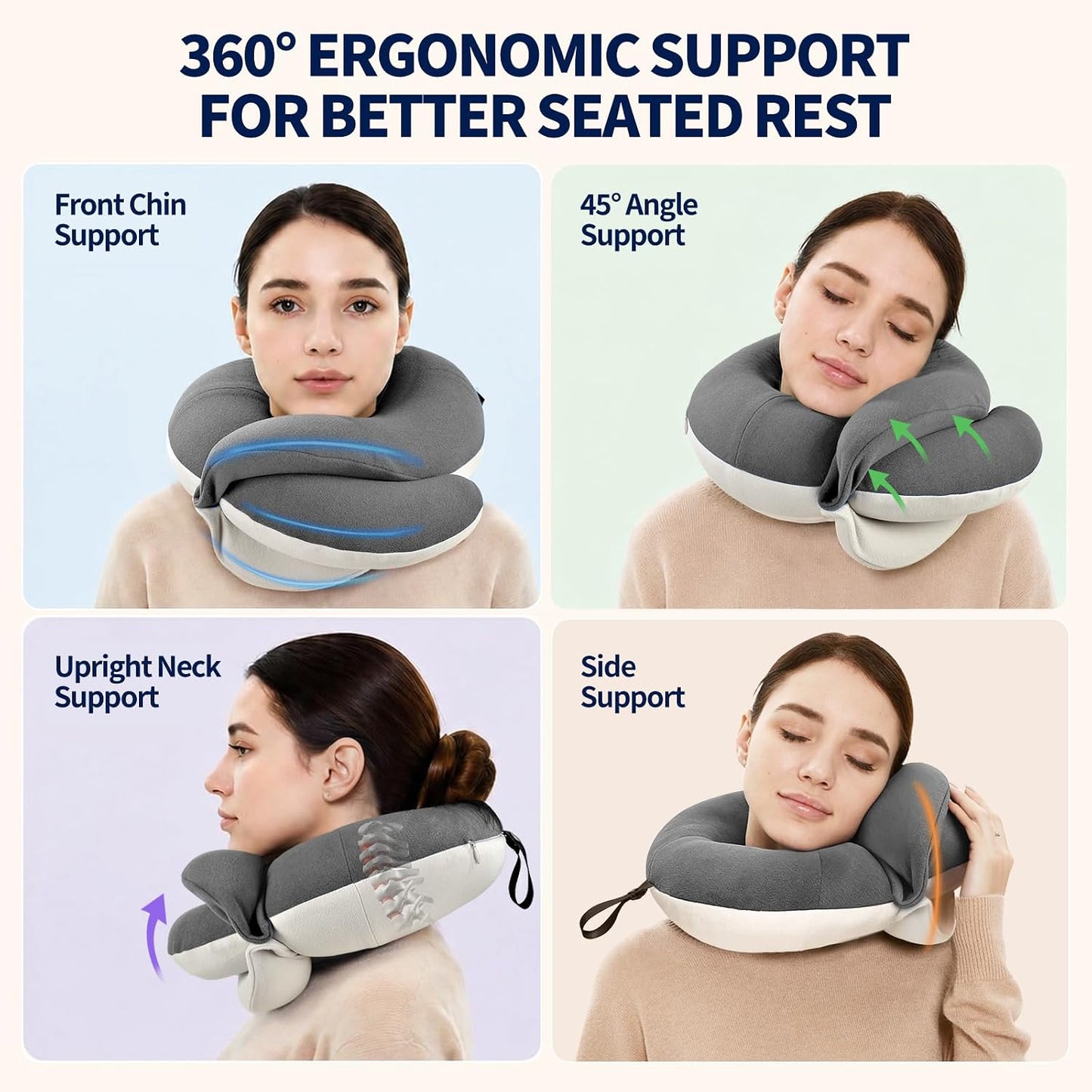 Travel Neck Pillows for Airplanes, Memory Foam 360° Head Support Sleep for Long Flight, Skin-Friendly & Breathable, Kit with Eye Mask, Earplugs and Storage Bag (Adult, Grey, 90+ lbs)