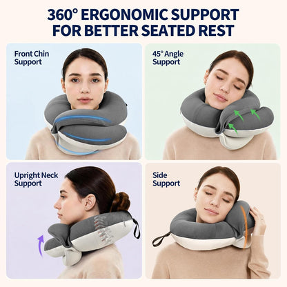 Travel Neck Pillows for Airplanes, Memory Foam 360° Head Support Sleep for Long Flight, Skin-Friendly & Breathable, Kit with Eye Mask, Earplugs and Storage Bag (Adult, Grey, 90+ lbs)