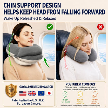 Travel Neck Pillows for Airplanes, Memory Foam 360° Head Support Sleep for Long Flight, Skin-Friendly & Breathable, Kit with Eye Mask, Earplugs and Storage Bag (Adult, Grey, 90+ lbs)