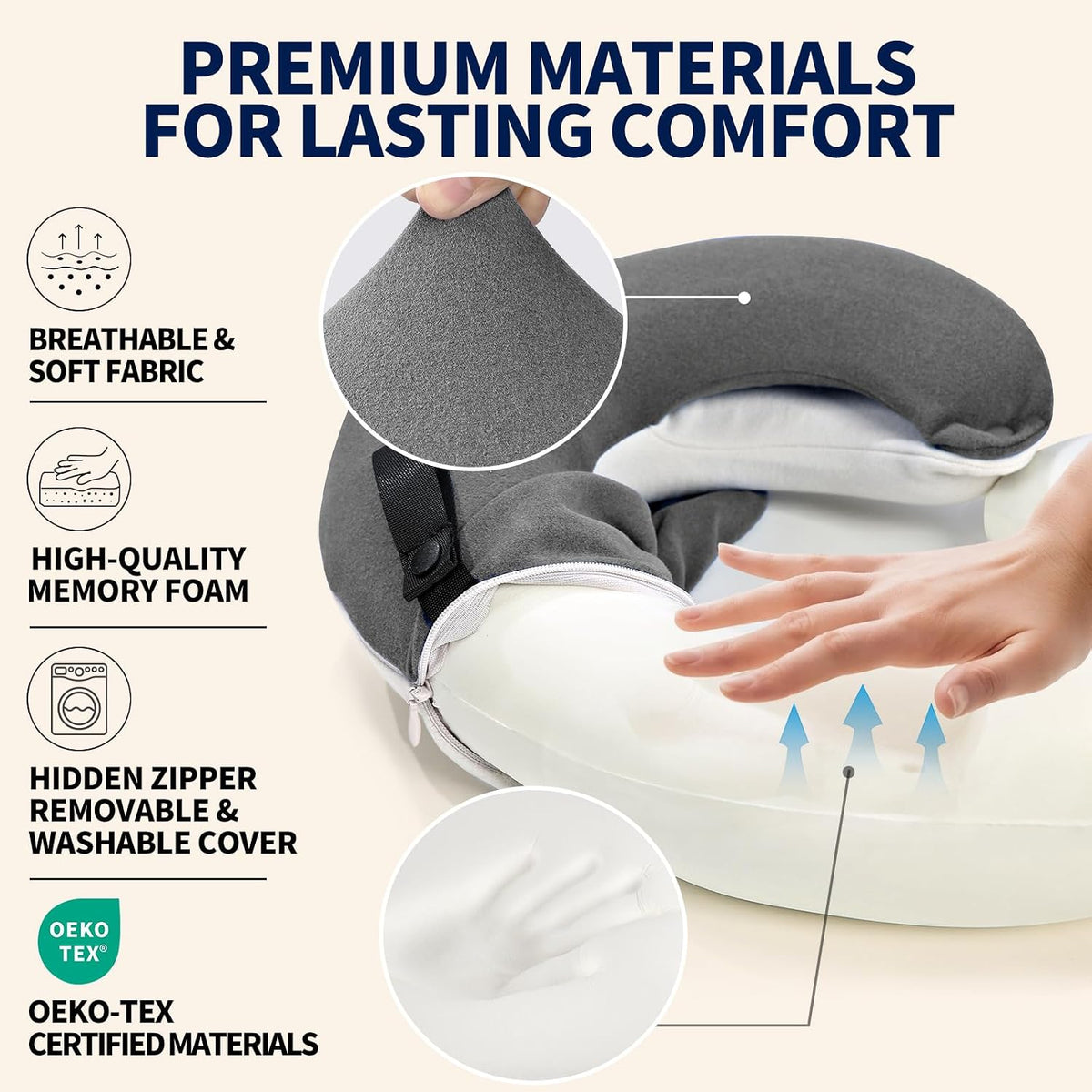 Travel Neck Pillows for Airplanes, Memory Foam 360° Head Support Sleep for Long Flight, Skin-Friendly & Breathable, Kit with Eye Mask, Earplugs and Storage Bag (Adult, Grey, 90+ lbs)