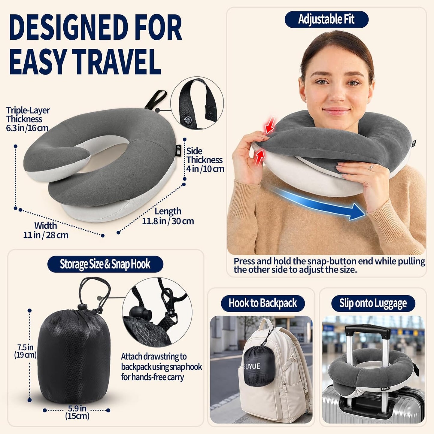 Travel Neck Pillows for Airplanes, Memory Foam 360° Head Support Sleep for Long Flight, Skin-Friendly & Breathable, Kit with Eye Mask, Earplugs and Storage Bag (Adult, Grey, 90+ lbs)