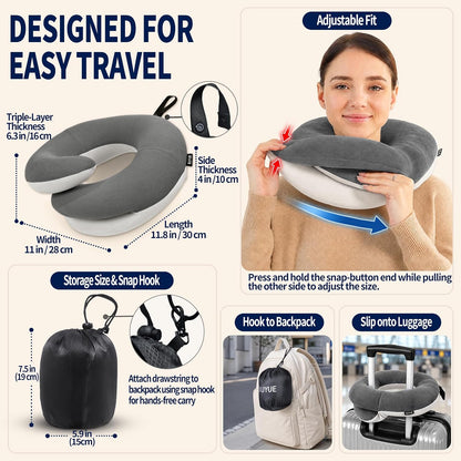 Travel Neck Pillows for Airplanes, Memory Foam 360° Head Support Sleep for Long Flight, Skin-Friendly & Breathable, Kit with Eye Mask, Earplugs and Storage Bag (Adult, Grey, 90+ lbs)