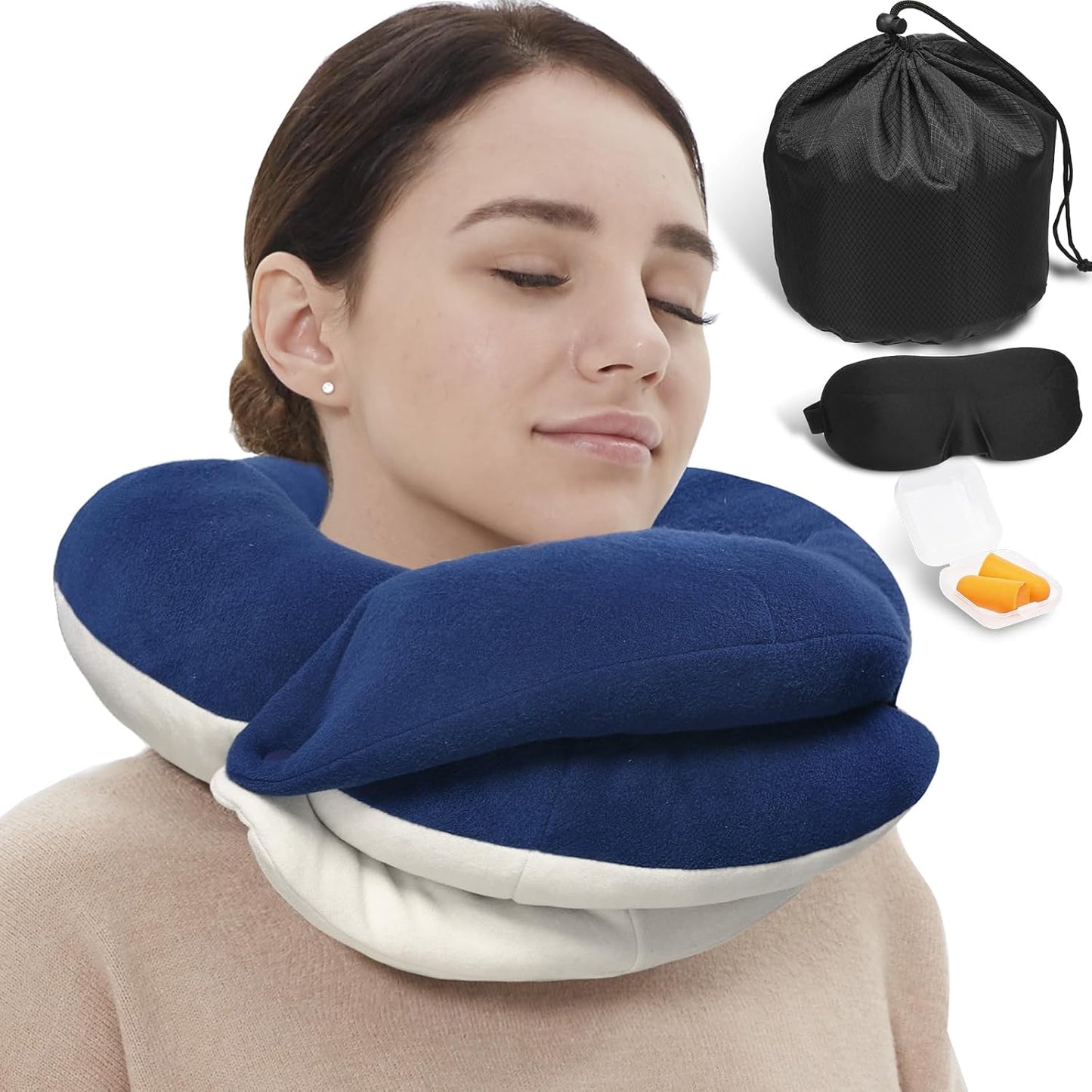 Travel Neck Pillows for Airplanes, Memory Foam 360° Head Support Sleep for Long Flight, Skin-Friendly & Breathable, Kit with Eye Mask, Earplugs and Storage Bag (Adult, Grey, 90+ lbs)
