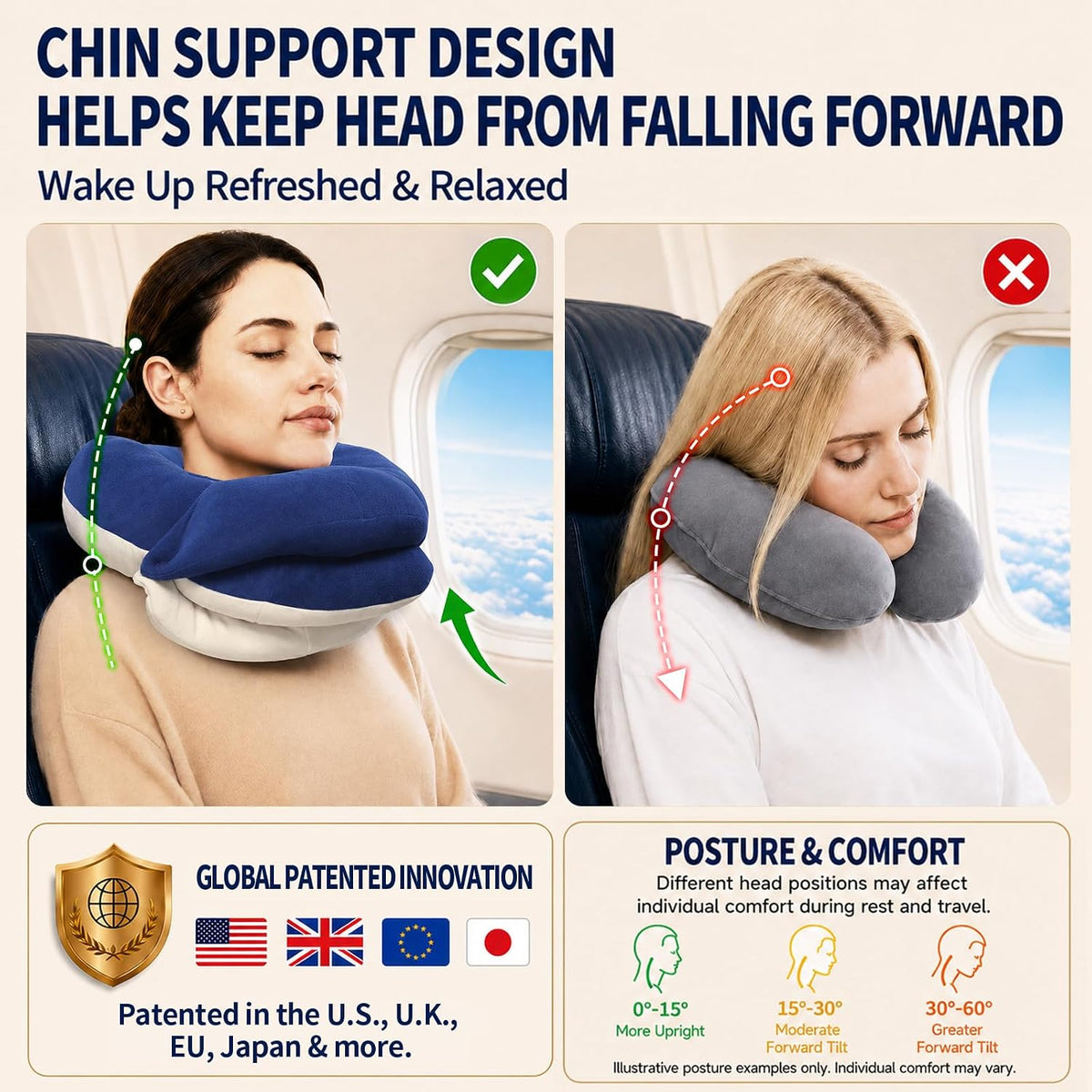 Travel Neck Pillows for Airplanes, Memory Foam 360° Head Support Sleep for Long Flight, Skin-Friendly & Breathable, Kit with Eye Mask, Earplugs and Storage Bag (Adult, Grey, 90+ lbs)