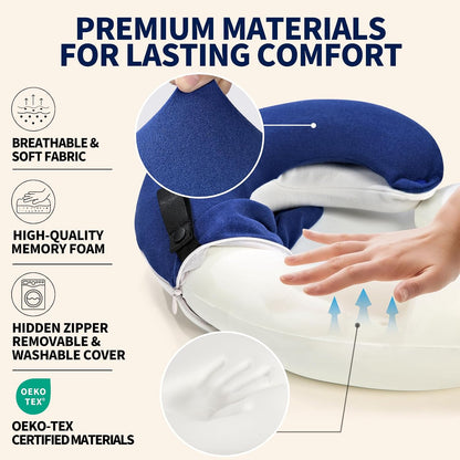 Travel Neck Pillows for Airplanes, Memory Foam 360° Head Support Sleep for Long Flight, Skin-Friendly & Breathable, Kit with Eye Mask, Earplugs and Storage Bag (Adult, Grey, 90+ lbs)