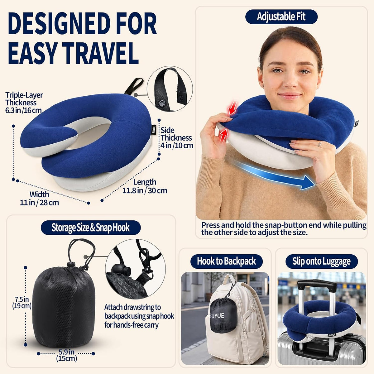 Travel Neck Pillows for Airplanes, Memory Foam 360° Head Support Sleep for Long Flight, Skin-Friendly & Breathable, Kit with Eye Mask, Earplugs and Storage Bag (Adult, Grey, 90+ lbs)
